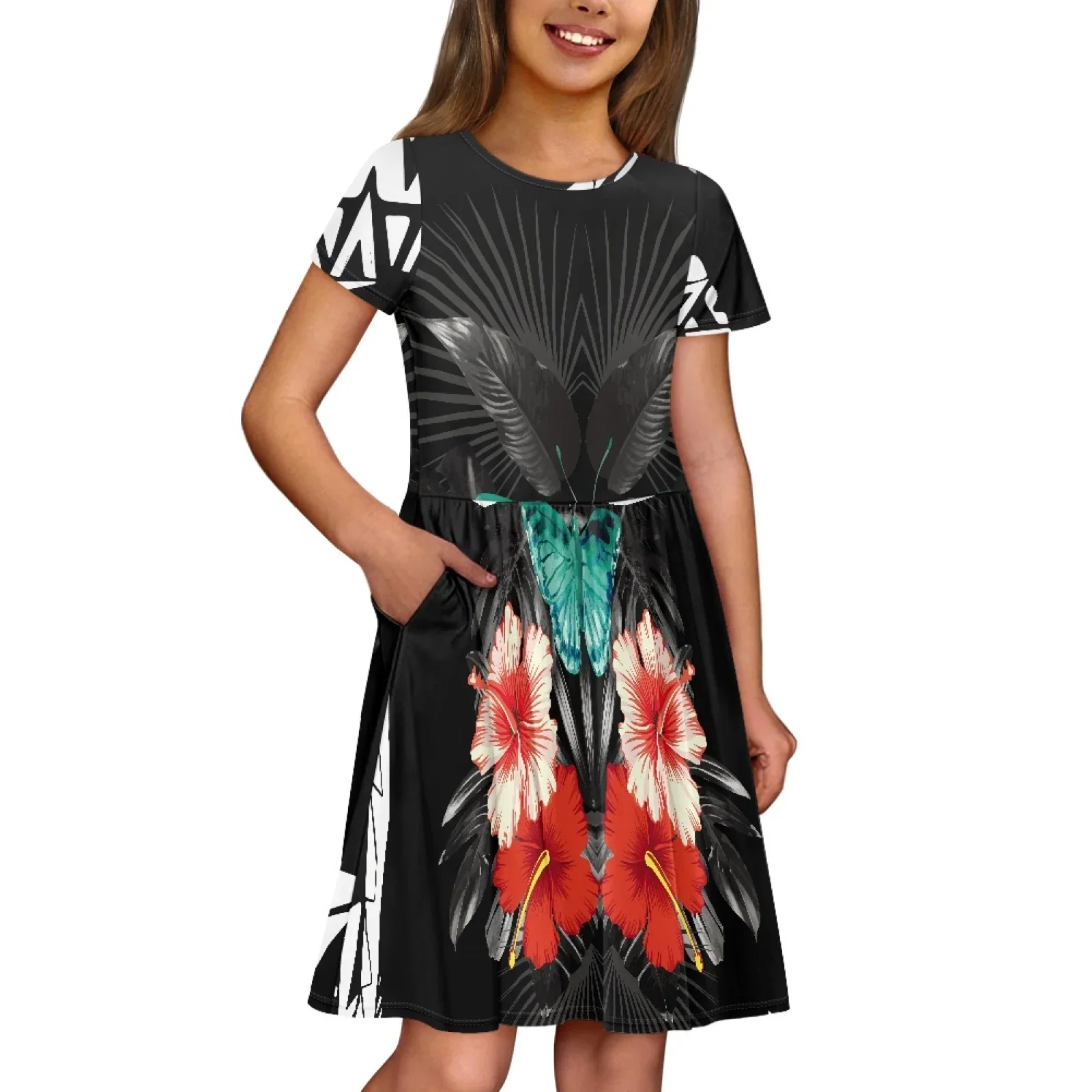 Polynesian Tribal Tongan Totem Tattoo Tonga Prints Girls O-neck Short Sleeves Pleated Dress Vintage Hibiscus Knee-length Dress