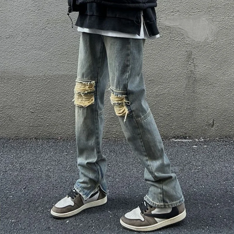 

Trousers with Slits Male Cowboy Pants Ripped Jeans for Men Holes Tight Pipe Torn Slim Fit Broken Skinny Korean Fashion Denim Xs