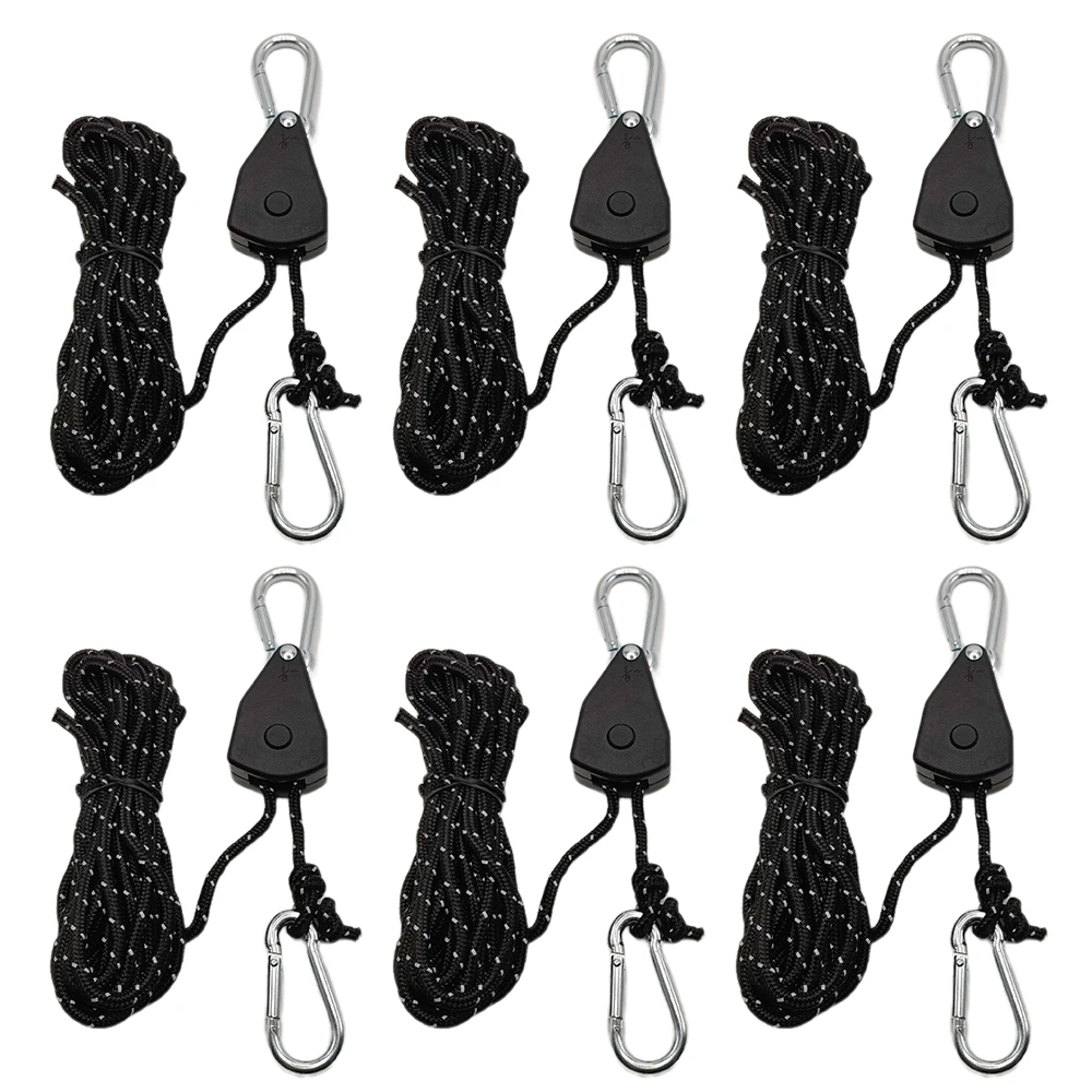 6Pcs 4M Reflective Camping Tent Rope Tie Down Fastener with Fixed Buckle Pulley & Tensioner Ratchet Hangers for Awning Wind Rope