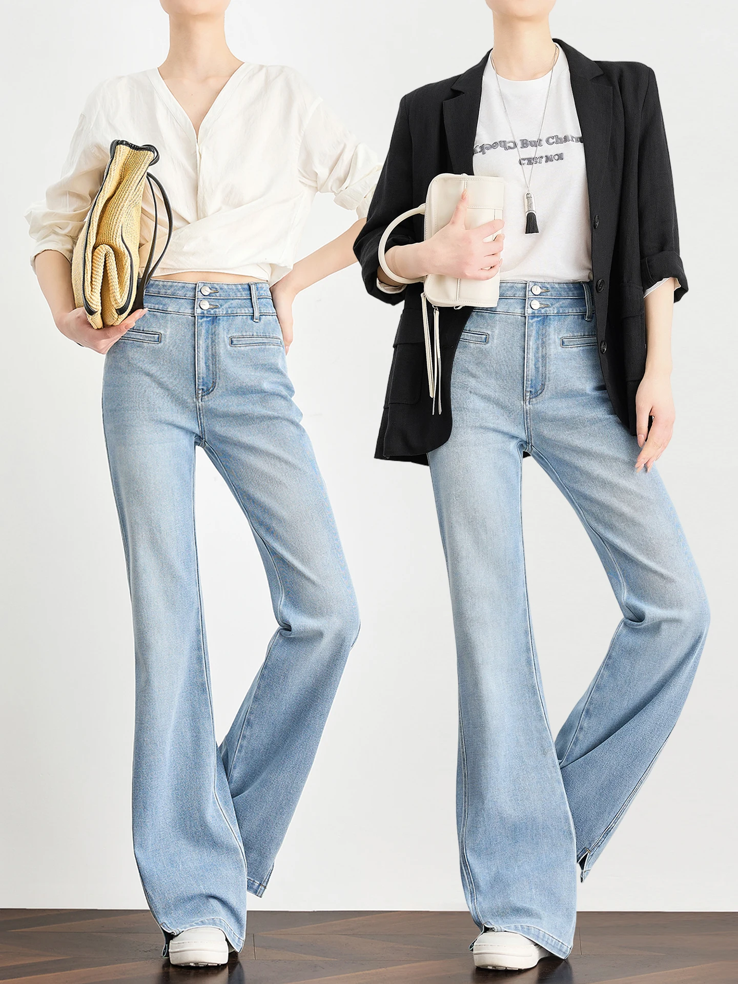 

TUMPUS Mermaid Jeans Light Blue Denim Women's Slim Fit Elastic Lengthened Flared Pants High Waist Cotton Blend Casual Wear