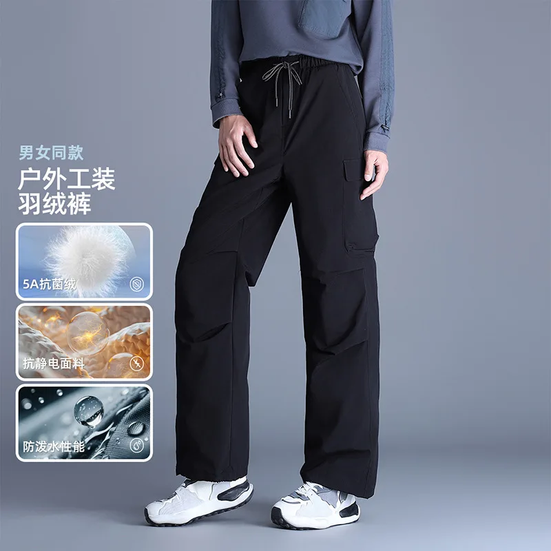 Calça feminina 90% pato branco para baixo, à prova de vento, cintura alta, térmica, bolsos de inverno, carga, caminhadas ao ar livre, PT-660