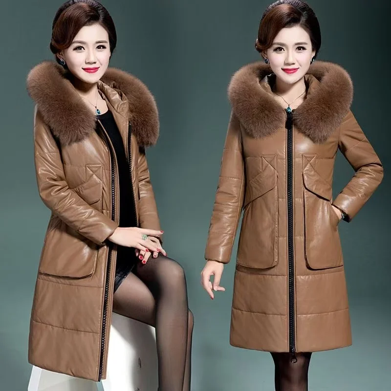 Noble Purple Leather Women's Mid-Long Thickening Outwear Mothers Sheepskin Winter Coat Female Large Fur Collar Hood OutCoat 6XL