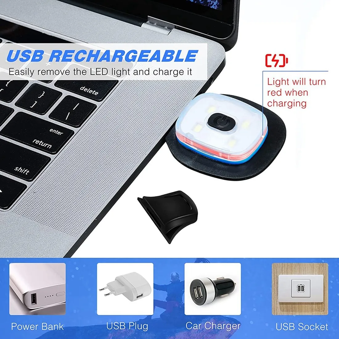 Nova luz recarregável usb para gorro de malha led, 4 peças, modo de luz forte médio e fraco led chapéu luz usb luzes led