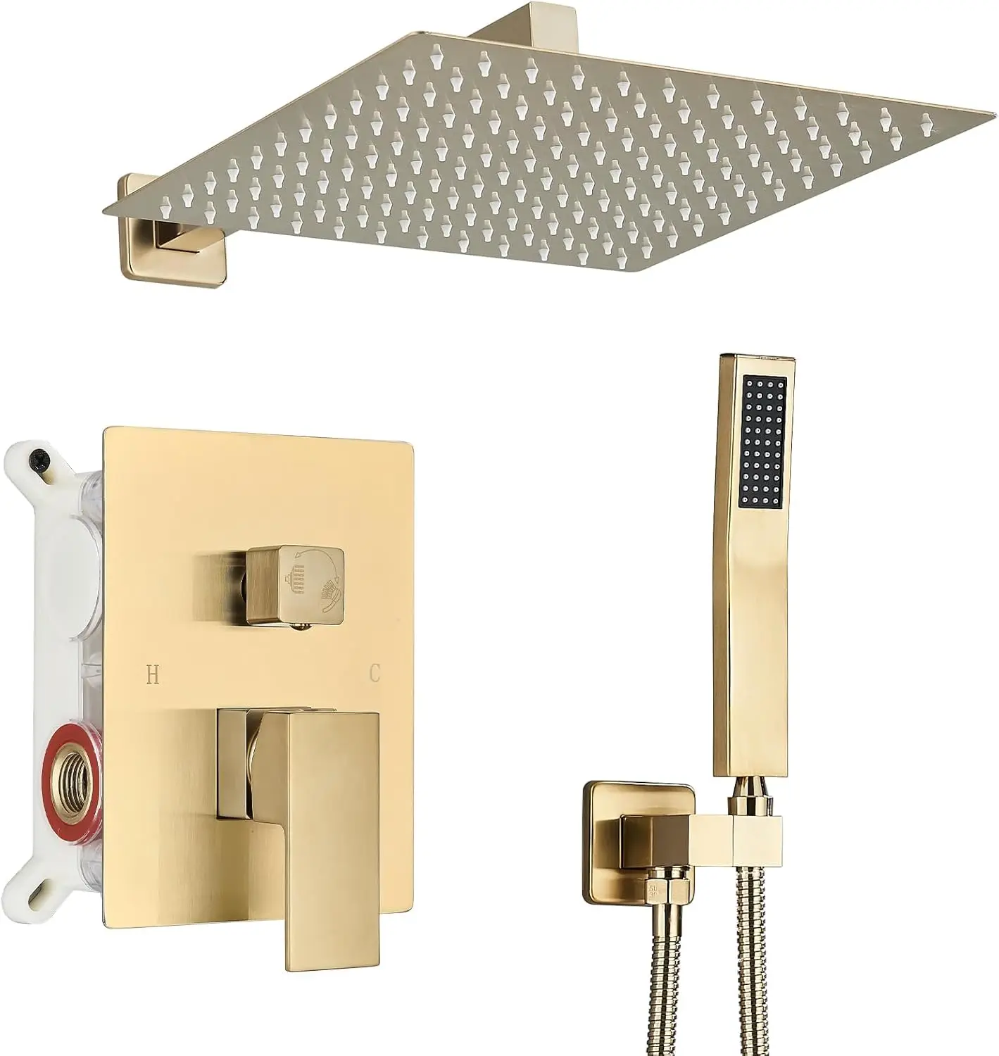 12 Inch Rain Shower System with Handheld Spray, Brushed Gold Finish, Wall Mounted for Relaxing Bathroom Experience