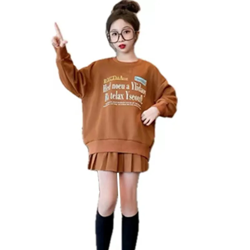 

New Korean Style Big Girls Letter Print Sweatshirts and Skirt 2Pcs Casual School Children Outfits 2024 Spring Kids Clothing Sets