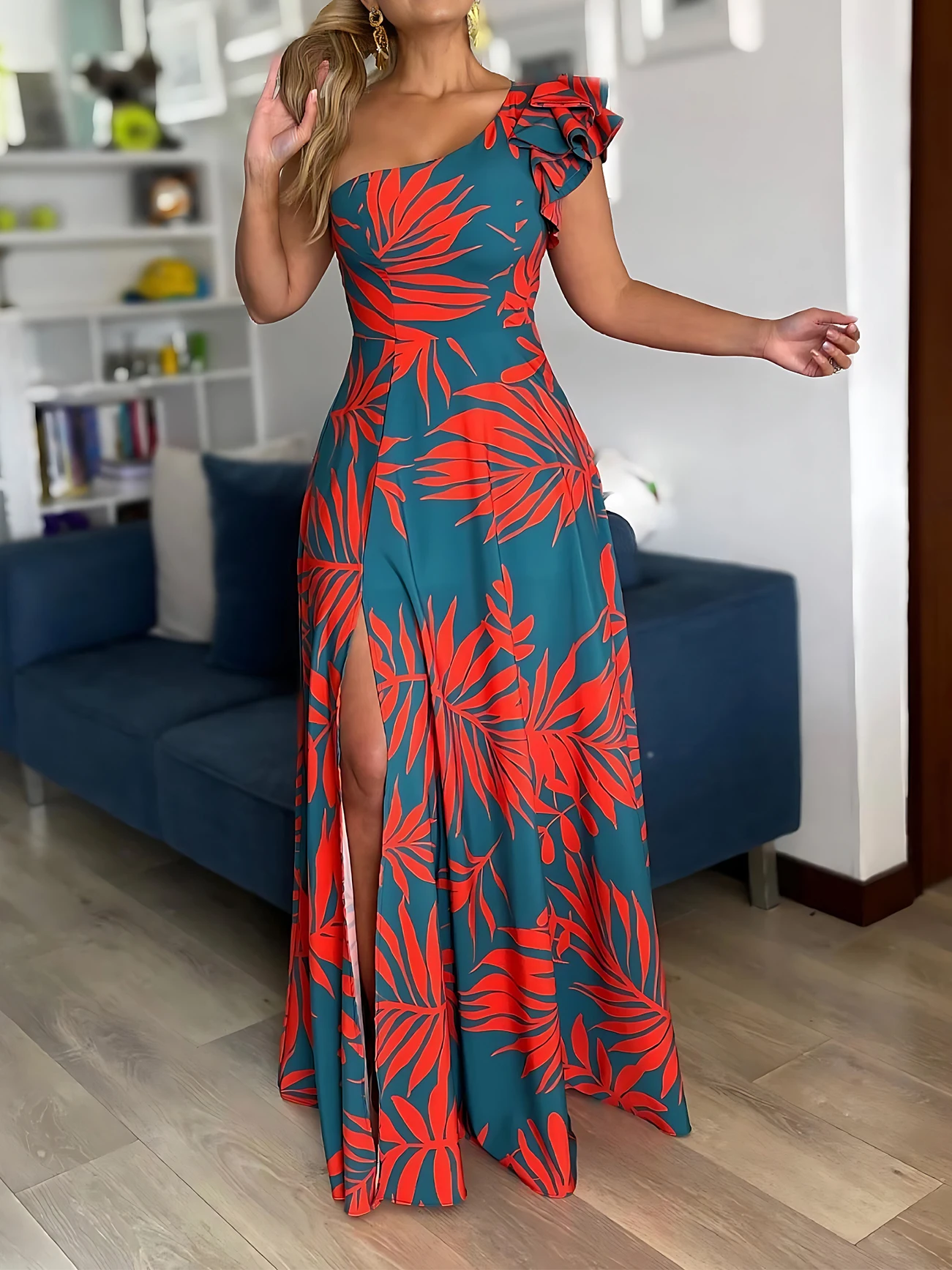 One Shoulder Tropical Print Maxi Dress for Women Split Hem Elegant Casual Style Woven Spring/Summer/Fall Vestido