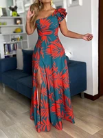Vestido largo con estampado tropical de un hombro para mujer, dobladillo dividido, estilo informal elegante, tejido, Primavera/Verano/otoño