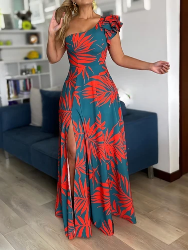 Imagen 1 del producto Vestido largo con estampado tropical de un hombro para mujer, dobladillo dividido, estilo informal elegante, tejido, Primavera/Verano/otoño