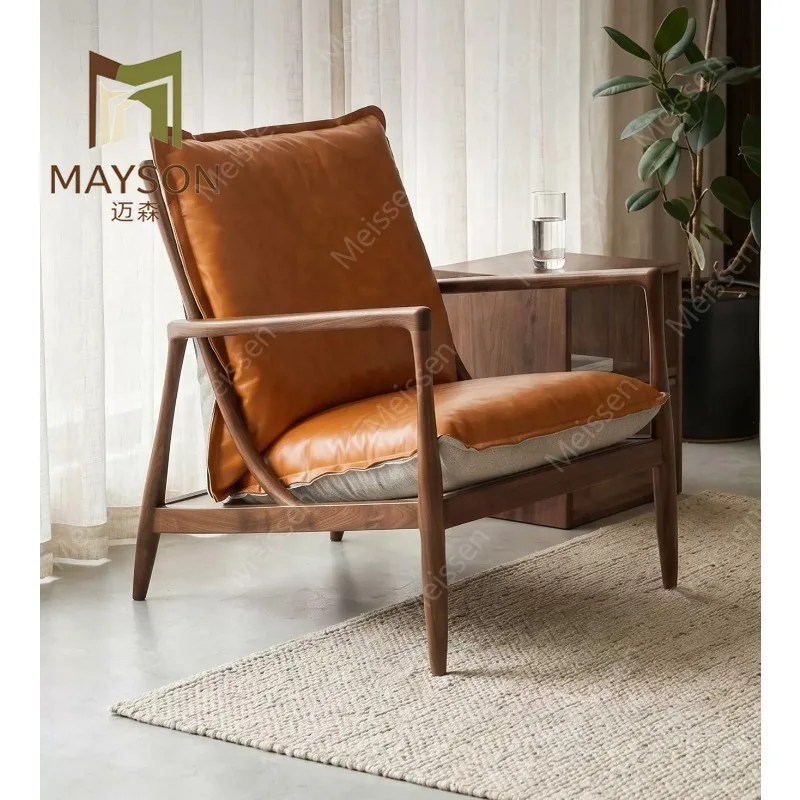 Black walnut single sofa chair removable and washable first layer cowhide leisure chair solid wood living room