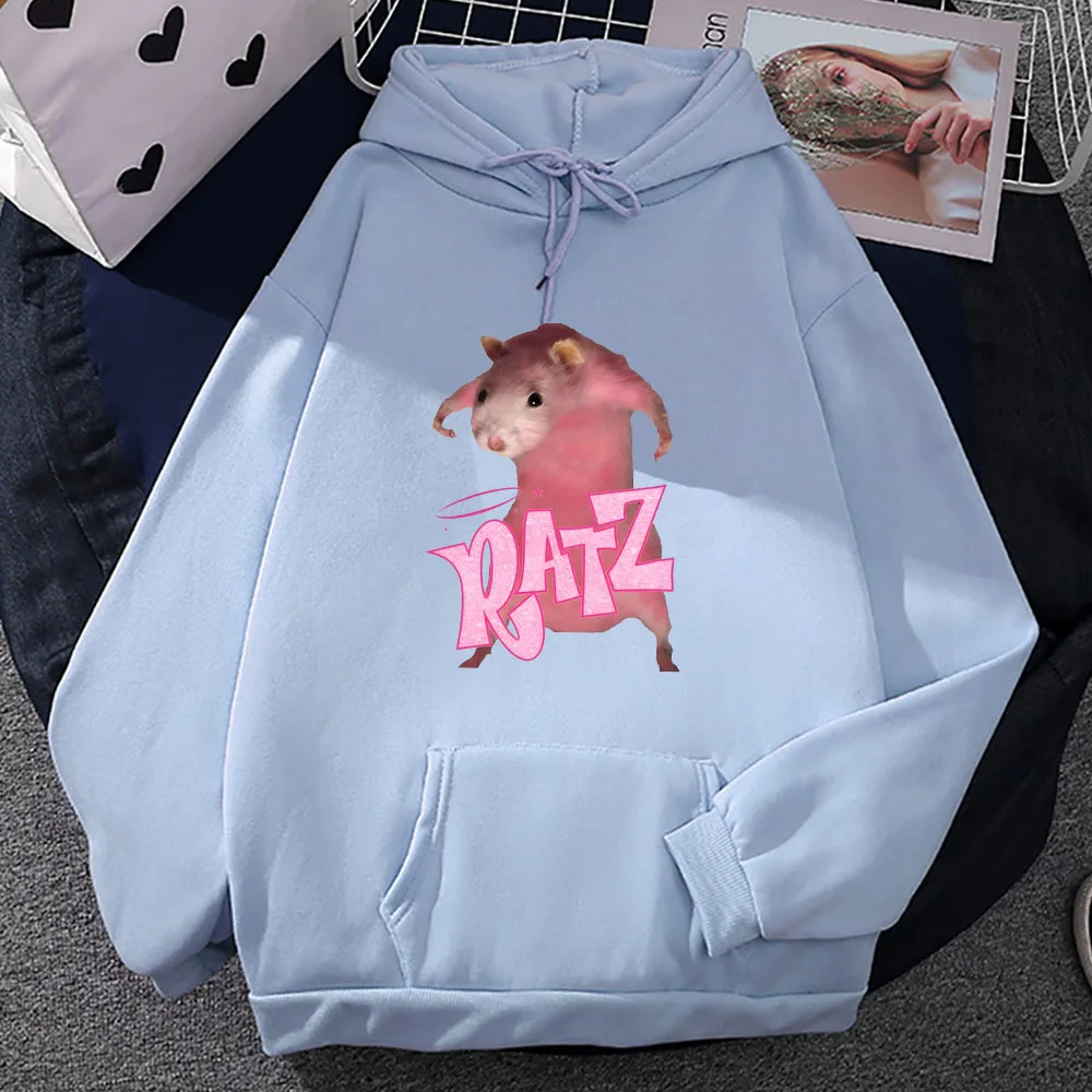 Ratz Pink Mouse Print Hoodies Kawaii Cartoon Hooded Sweatshirt Streetwear Mens Autumn/Winter Fleece Pullovers Pocket Male Hoody