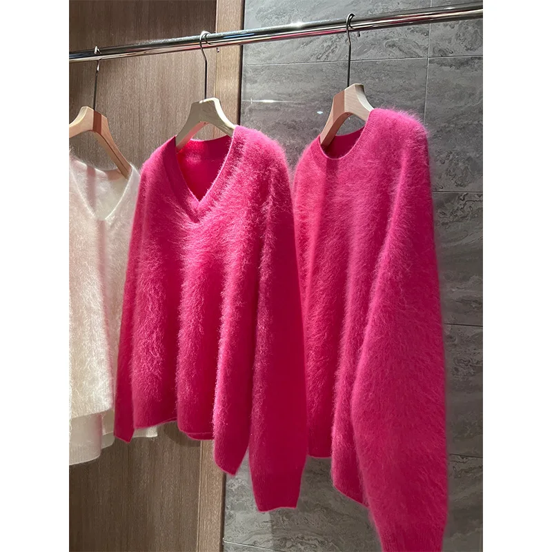 

2025 New Rose Red Imitation Mink Fleece Autumn and Winter Senior Sense Gentle Soft Waxy Wind Pullover Knitted Sweater Outer Top