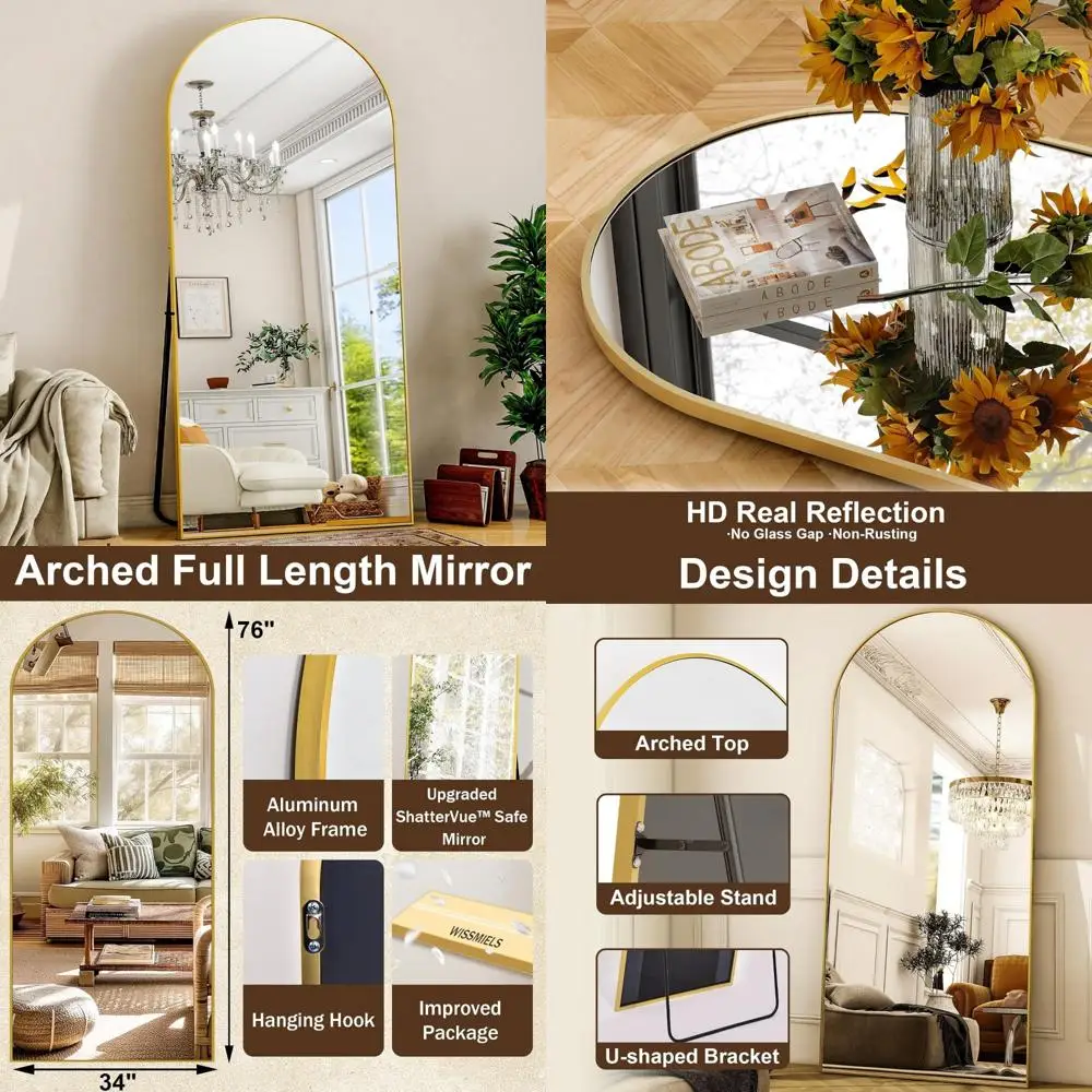 Grande espelho de chão dourado arqueado, espelho inclinado ou suspenso de comprimento total 68x22 com moldura de alumínio para decoração de sala de estar