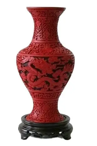 

12" China Old Big Handmade Carved dragon Red Cinnabar Lacquer Vase