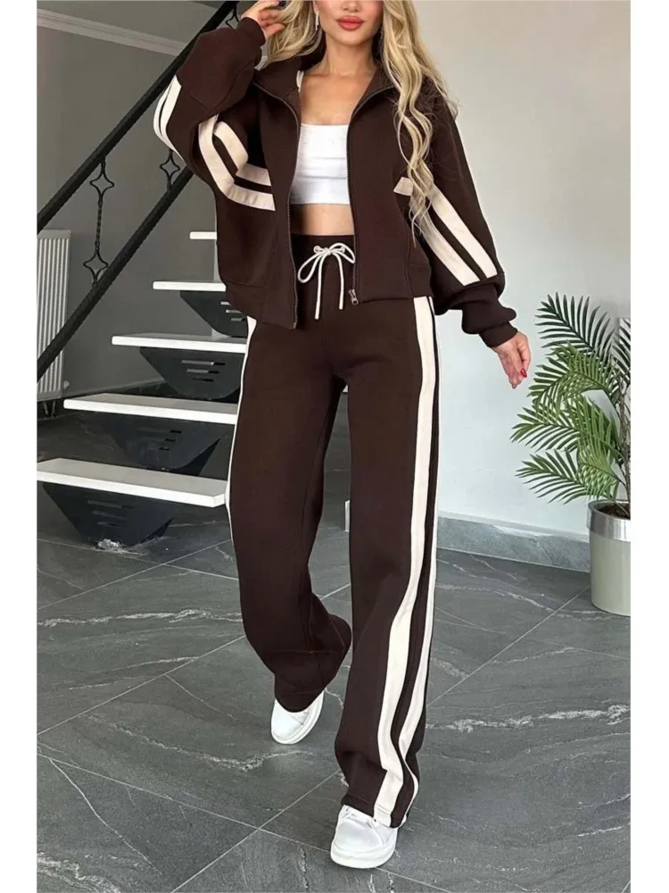 Autumn Winter Women\'s New Hoodie Suit Y2K Striped Zipper Loose Fit Jacket Outwear And High Waist Side-striped Pants Sports Sets