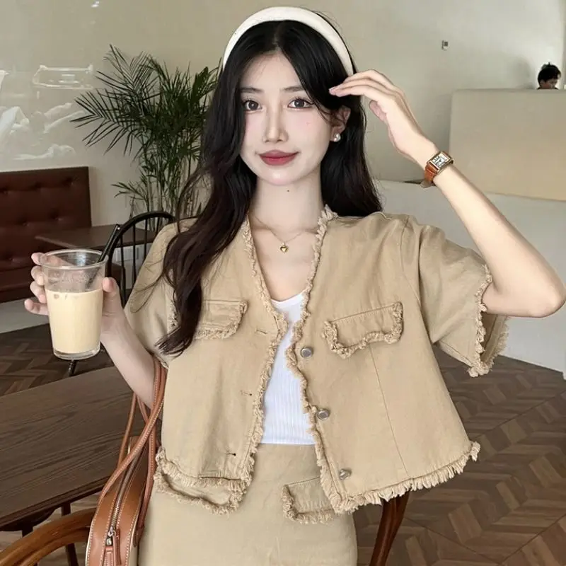 Short 2 Pieces Skirt Sets For Women Formal Event Y2k Street Wear Elegant Sleeve Casual Occasion Korea Mini Woman Outfit