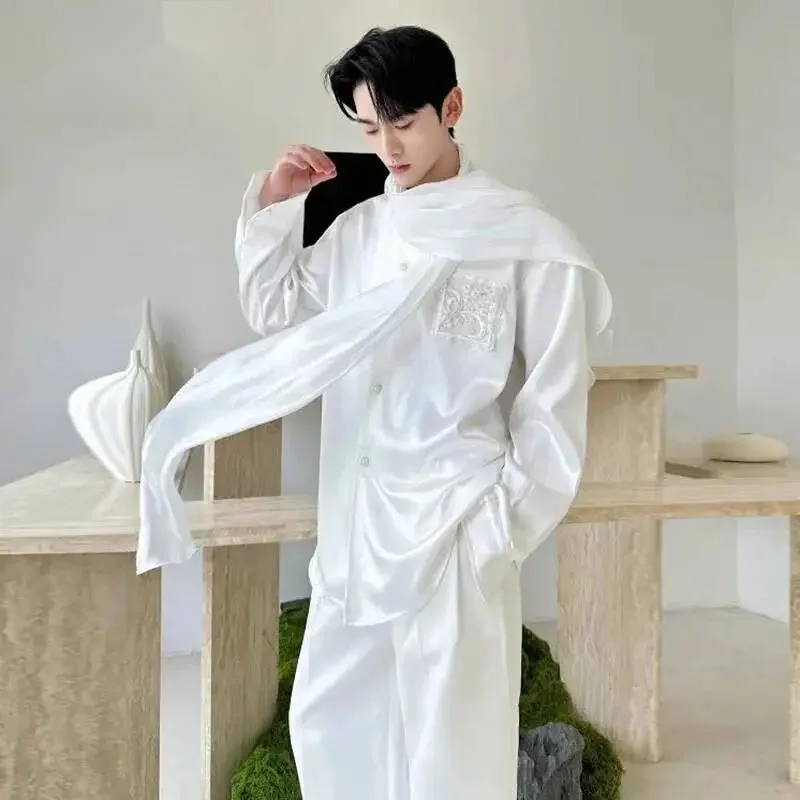 Avant-Garde Men's Scarf Style Satin Shirt Embroidered Oversized Fit Long Sleeve Casual Formal Premium Top 9XB44C