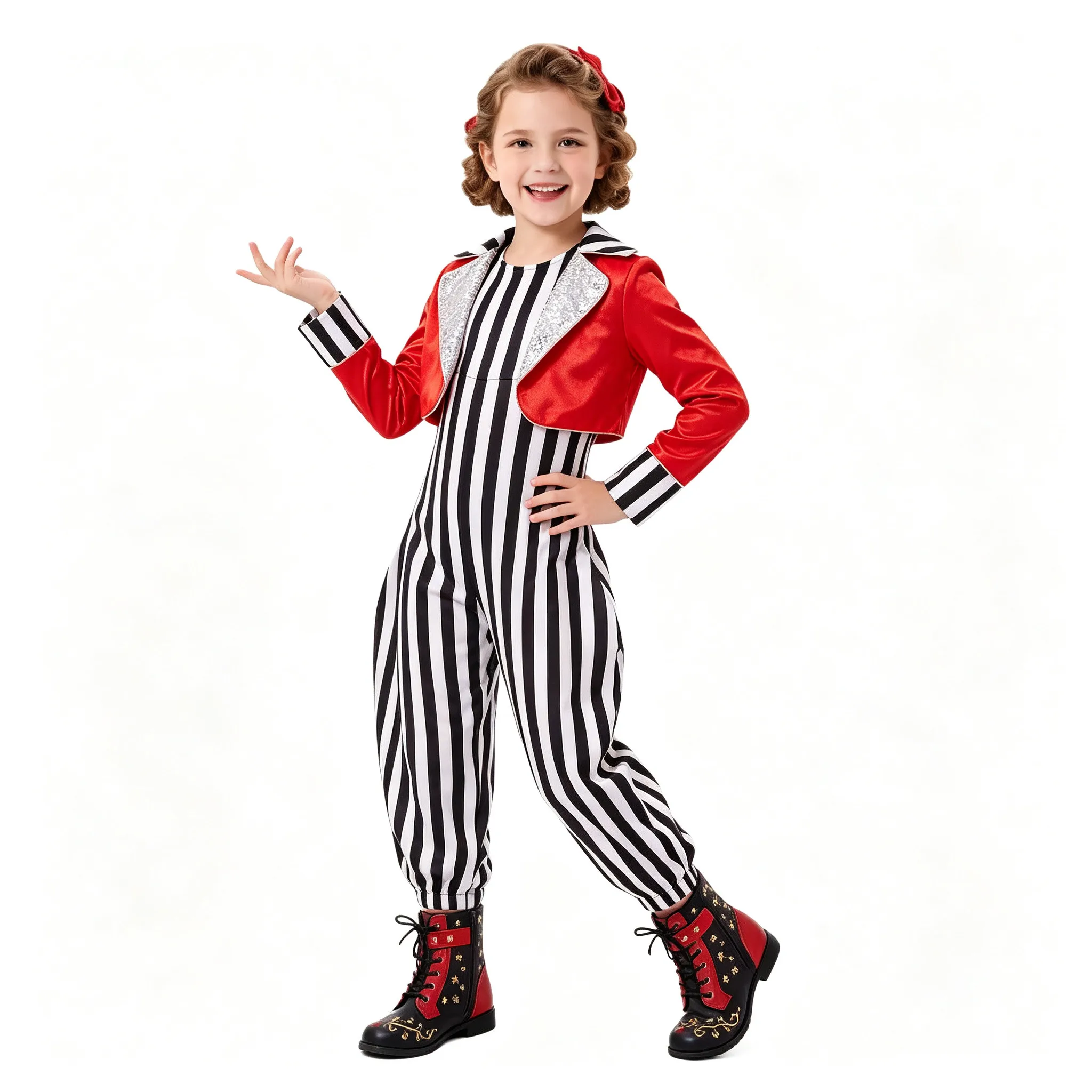 Kids Halloween Carnival Circus Ringmaster Clown Costume Sleeveless Striped Jumpsuit with Satin Jacket for Stage Performance