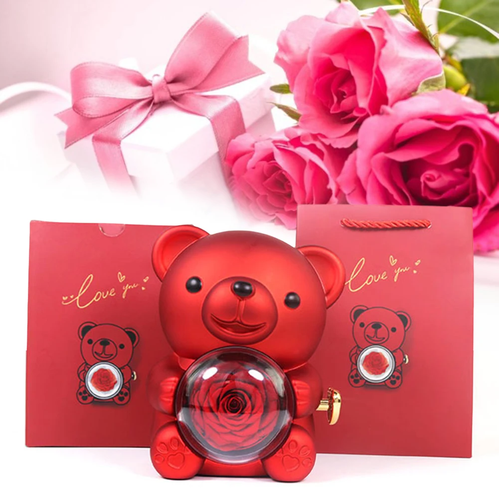 Teddy Bear Gifts Box with Necklace Rotate Bear Rose Jewelry Box Valentine Wedding Storage Gift Case for Women Girlfriend Mother