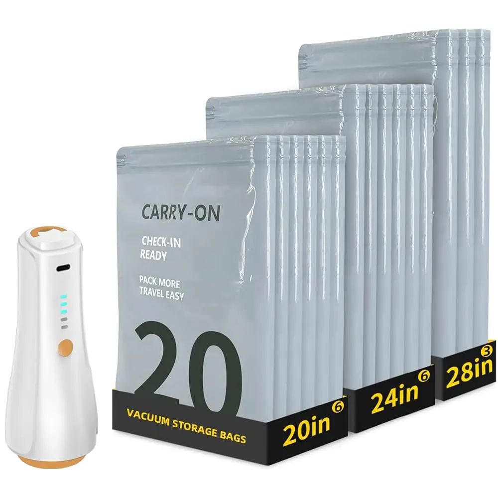 

Free Shipping15Pack Travel Vacuum Storage Bags with Rechargeable Wireless Electric Pump, 3 Sizes (20/24/28 Inch) Space Saver Se
