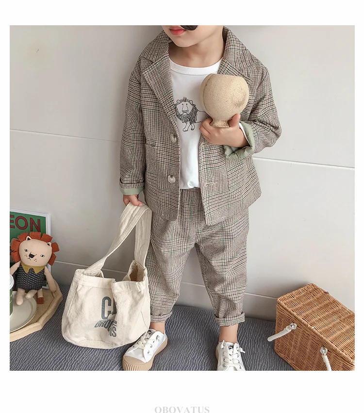 Neuer Karieranzug für Jungen, Blazer-Set, Kinder-Slim-Fit, Hochzeits- und Partykleidung, formelles Outfit im koreanischen Stil, cooler Jungen-Blazer, für 2, 3, 4, 5, 7, 9 Jahre – Detail 3