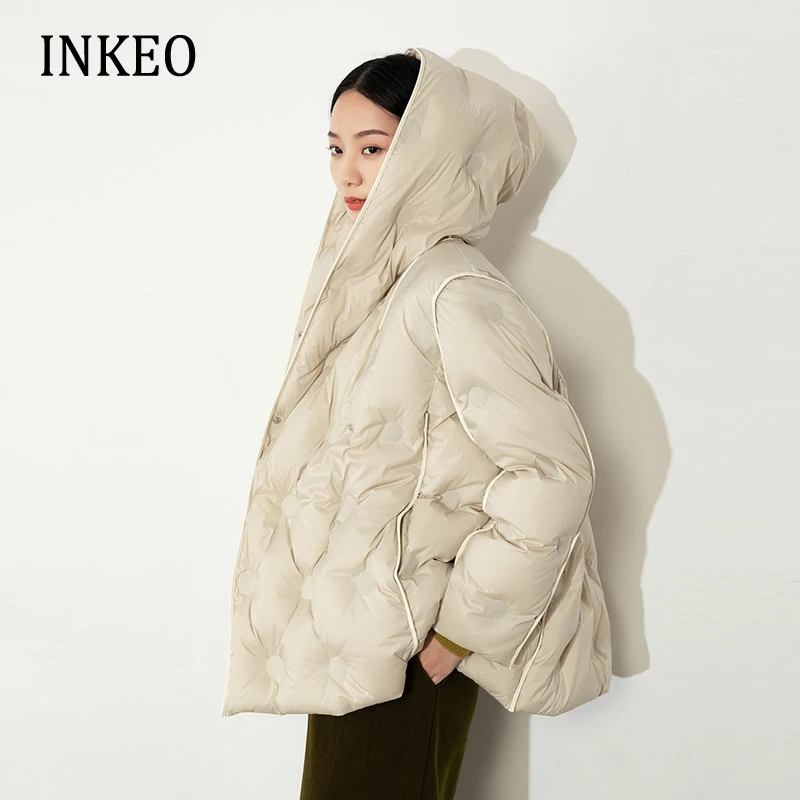 Luxury Women Hooded down jacket Fluffy Women Winter Solid color 90% white duck down coat Female Parkas Elegant INKEO 2O400