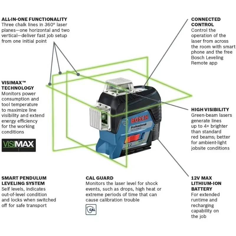 GLL3-330CG 200 Ft 12V Max Connected 360 Degree Green-Beam Laser, Includes 2.0 Ah 12V Max Lithium-Ion Battery & Charge