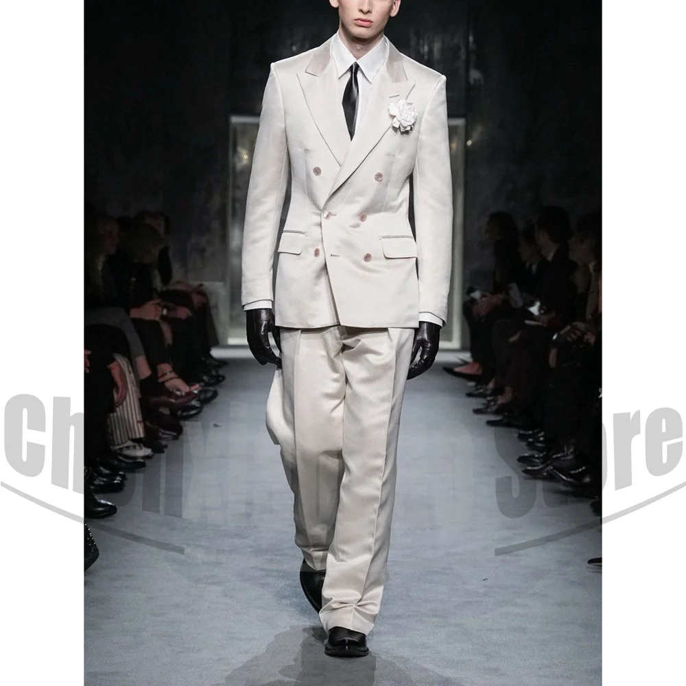 

Chic Satin Men's Suit Double Breasted Peak Lapel Slim Fit Formal Outfit 2 Piece Wedding Party Fashion Events Prom Tuxedo