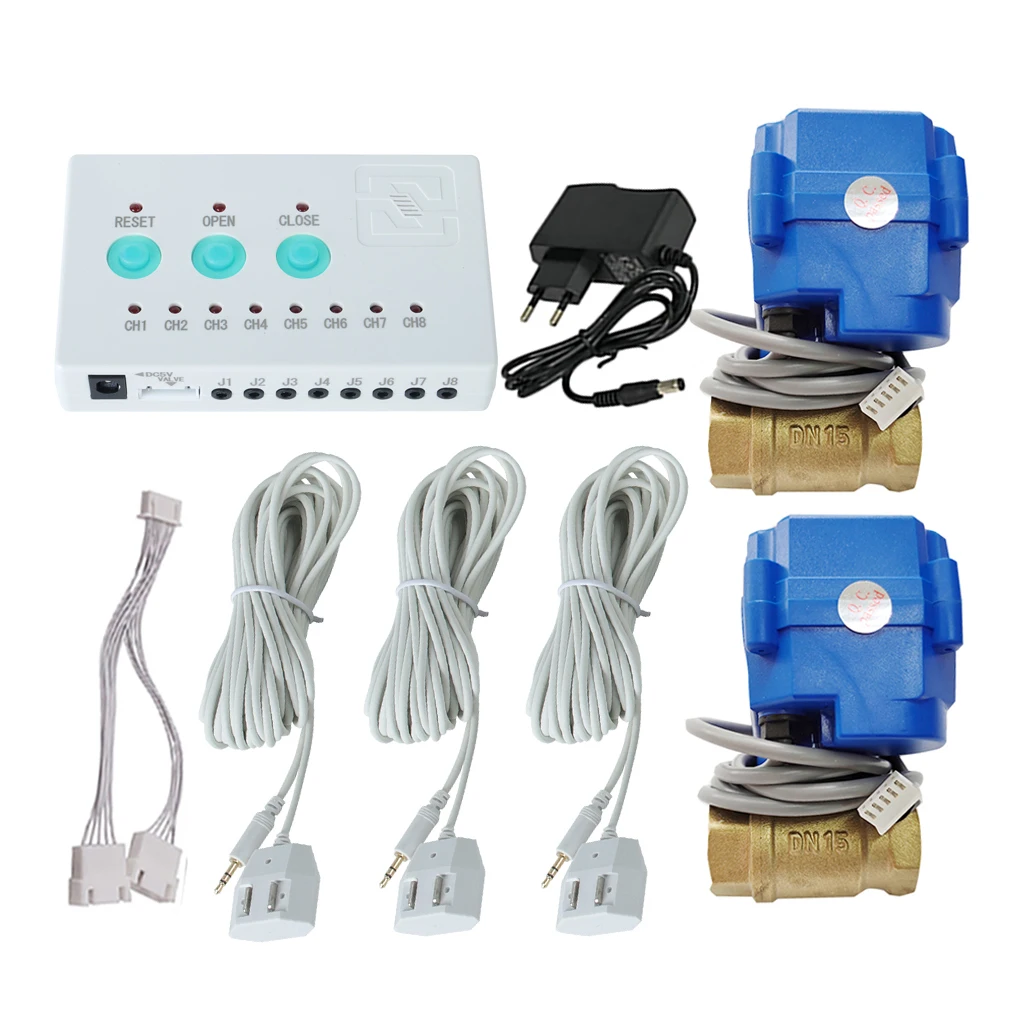 

smart water leak detector with electric ball valves DN15 (1/2") DN20 (3/4") DN25(1") and wired water leak sensing cable for home