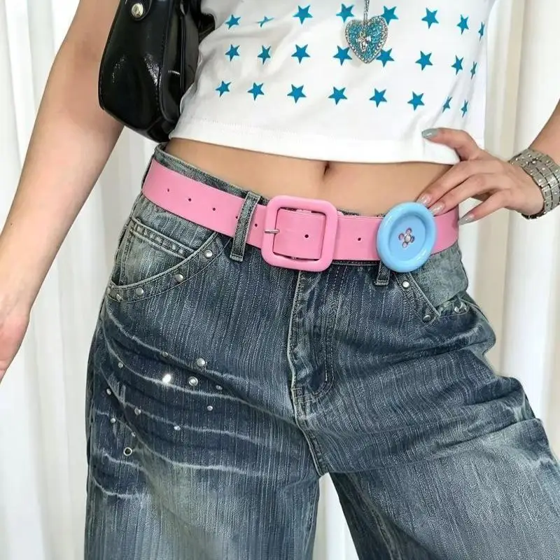 Women Summer Fashion PU Leather Belt 1Pcs Y2K Korean Style Colorful Button Waistband for Hot Girls Street Party