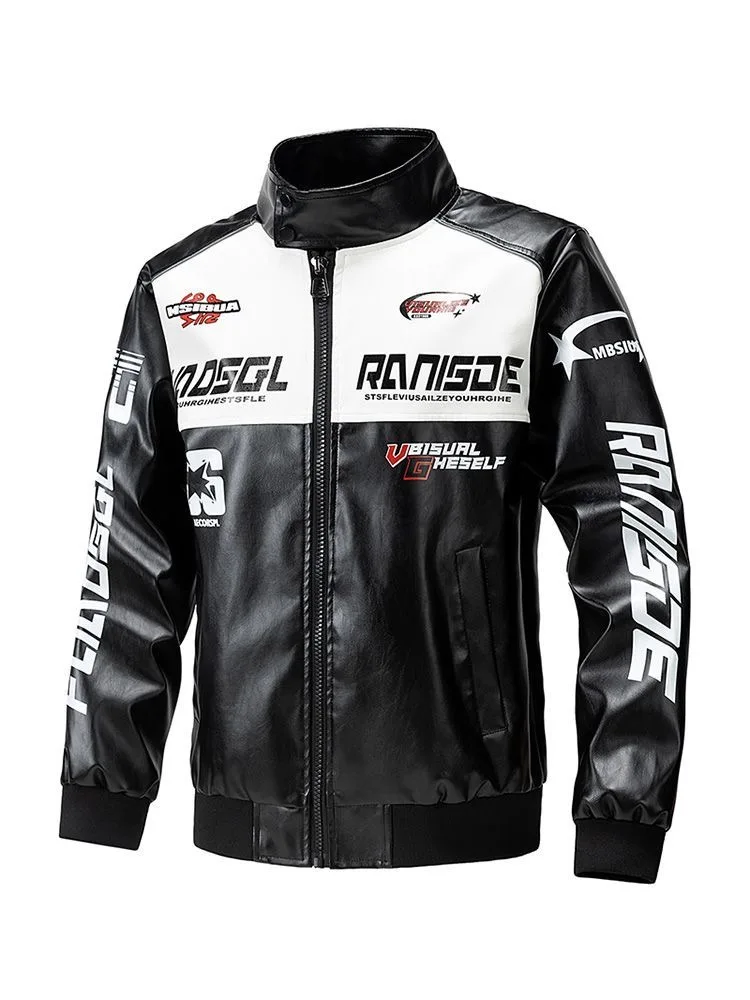 Men's leather jacket racing jacket stand collar zipper bicycle jacket loose letter printed street wear women's motorcycle jacket