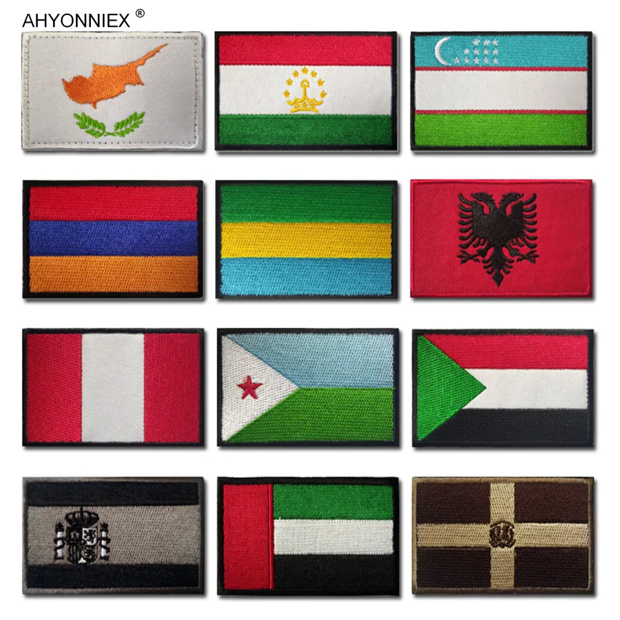 AHYONNIEX 1PC Naszywka z flagą z tkaniny Albania Peru Hiszpania Armenia Cypr Naklejka 3D na kurtkę Jeans Odzież DIY