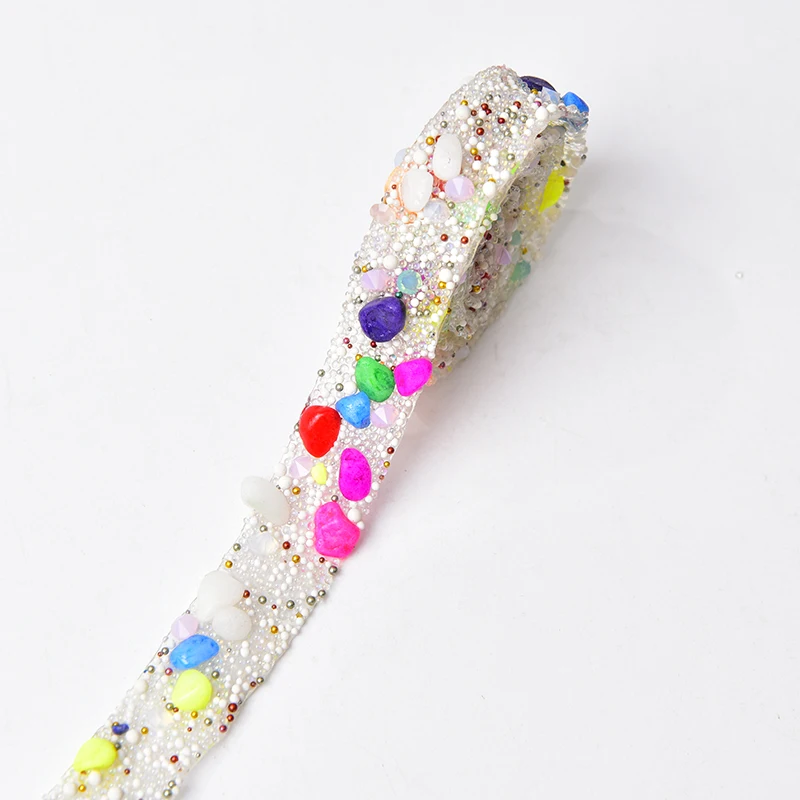 1Meter Gravel Decorative Trims Hot Fix Colored Stone Caviar Beads Wrap Ribbon Tape Iron On Fabric Clothes Diy Dress Shoes Bags