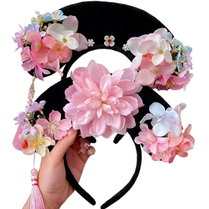 Traditional Chinese Royal Flower Headband Women Princess Aesthetic Wedding Hair Hoop Elegant Roleplay Party Dress Up Hairband