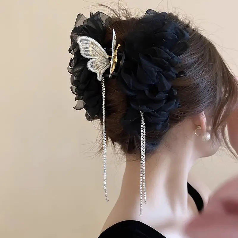 زهور الشاش الوردي وأحجار الراين والفراشة الطويلة ومخالب شعر القرش للنساء وإكسسوارات عصرية رائعة للغاية #2