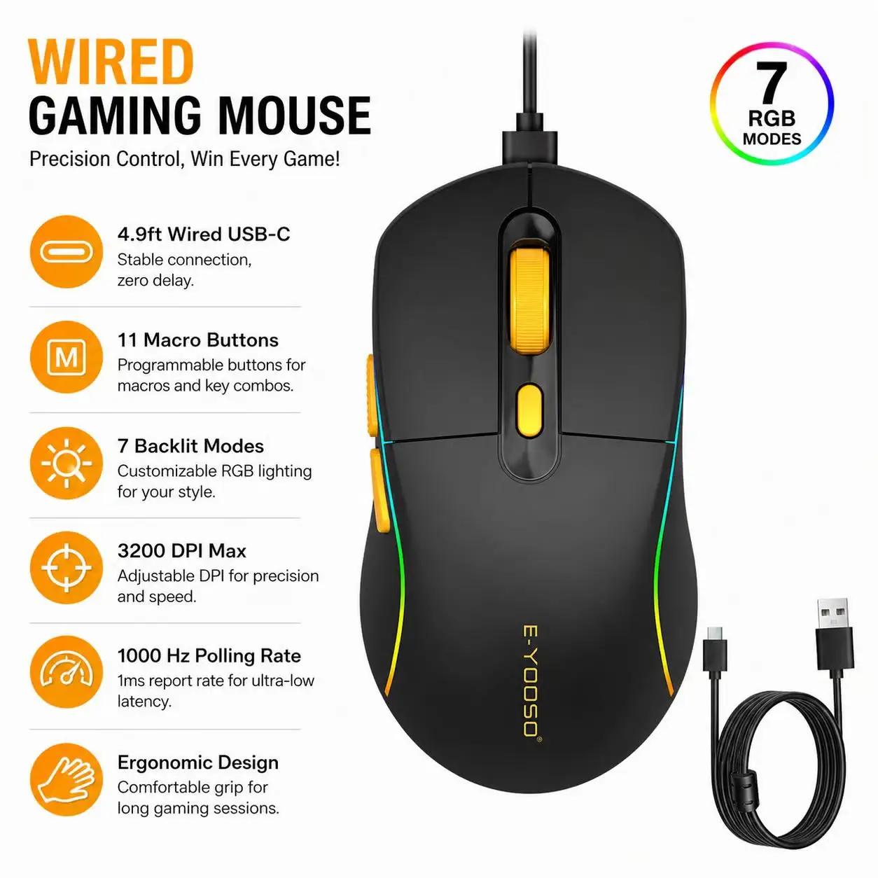 E-YOOSO X-53 Gaming Mouse, 32,00 DPI, 5 Programmable Buttons, USB-C Wired, RGB Backlit, Ergonomic Gamer Mice for PC, Mac