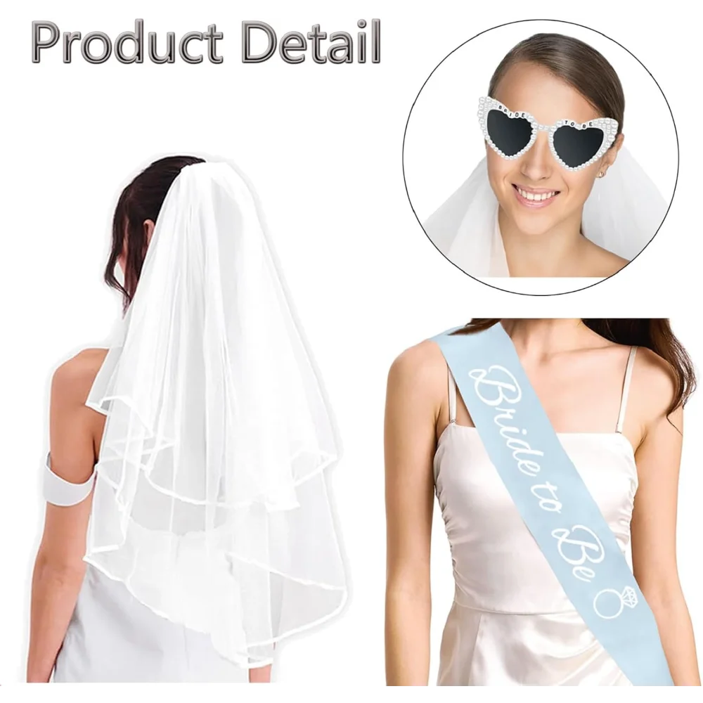 Braut-Sonnenbrille, passende Perlen-Schleife für die Braut, Schleier-Set, Accessoires für Junggesellinnenabschied, Brautparty, Verlobung – Detail 6