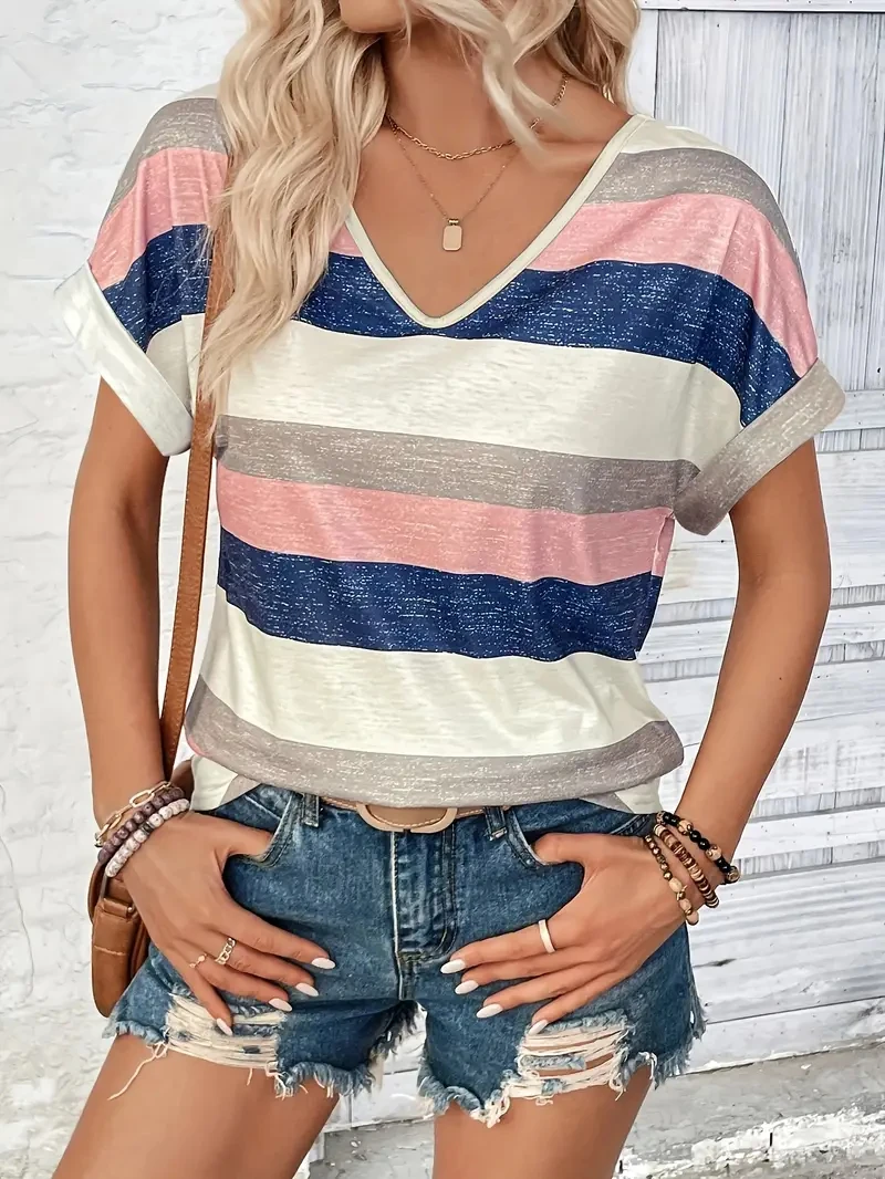 

Outdoor Summer Women's V-neck T-shirt Big Size Loose Women's Short Sleeve Tops Fashion Trend Striped Printed Pattern Clothing