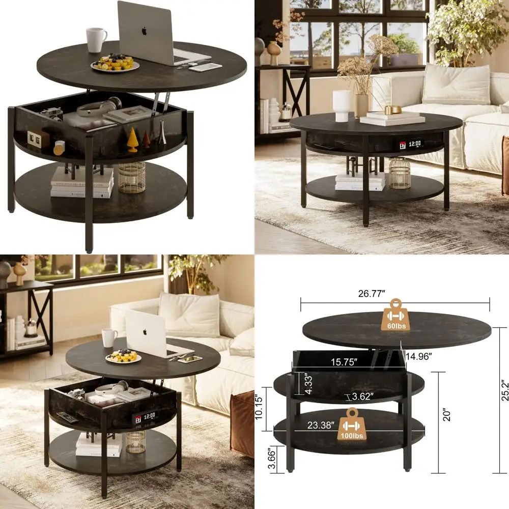 Farmhouse Style Lift Top Coffee Table with Storage, 26.77 Living Room Storage Table, Hidden Compartment for Reception Area