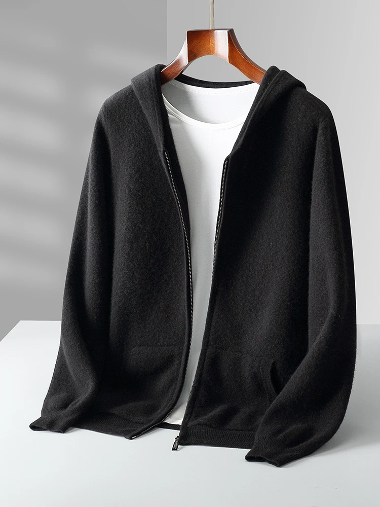 Autumn Winter Men's Hooded Sweater Zipper Wool Thick Cardigan 100% Merino Wool Knitwear Casual Clothing Warm Soft Popular Tops
