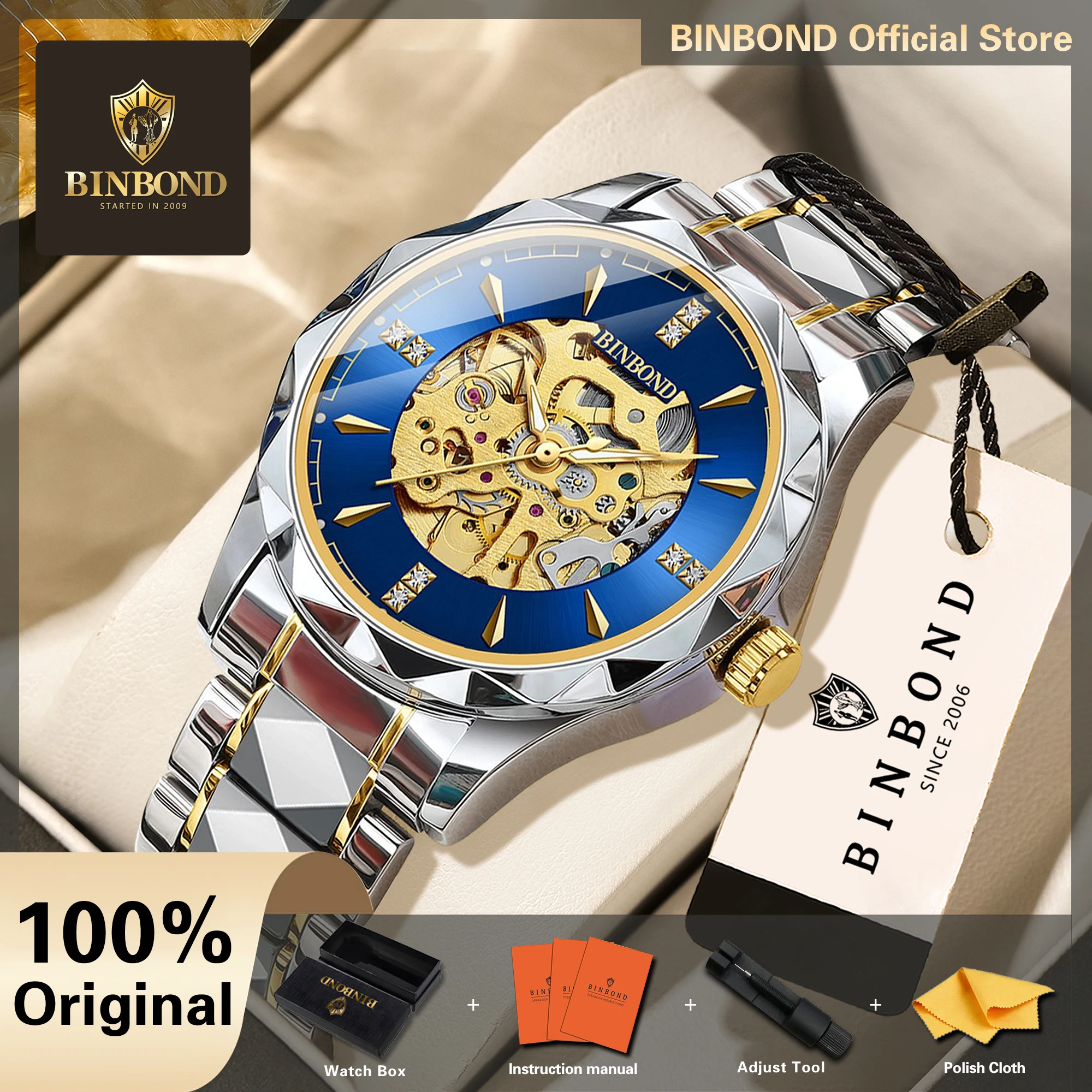 BINBOND Luminous Waterproof Automatic Tourbillon Men's Watch  Reloj Hommes Authentic Mechanical Wristwatches For Men Luxury +Box