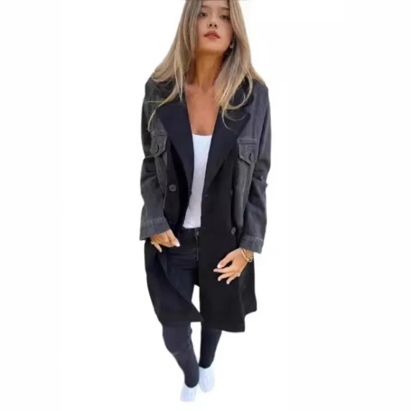 عارضة المرأة كاوبوي معاطف سترة الأوروبية الأمريكية الأزياء البدلة طوق الدنيم الربط منتصف طول سترة للنساء النساء الملابس #4