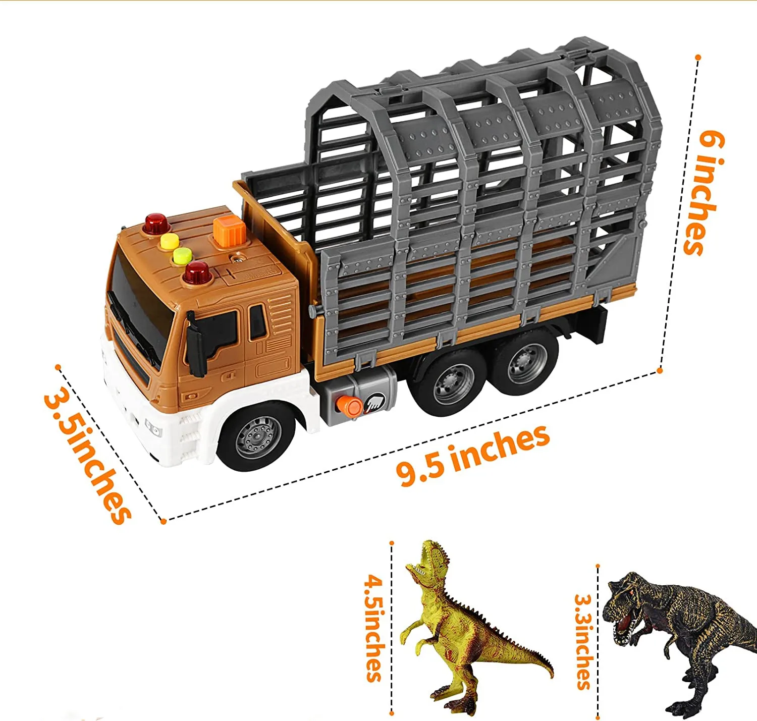 Dinosaur Dump Truck with cage Sound and Light Toy Trucks with 4 Dinosaurs Friction-Powered Toy Truck