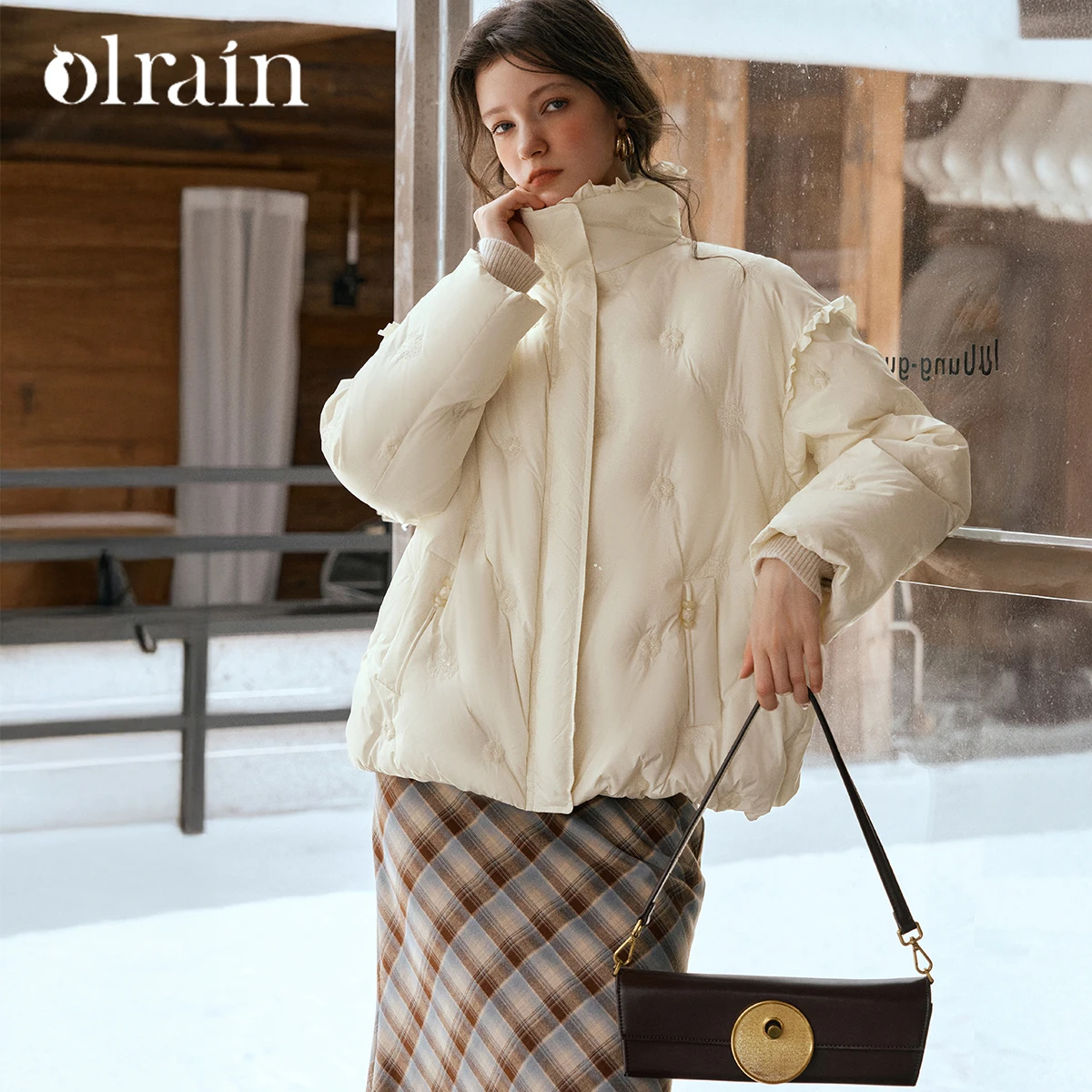 OLrain Women's Winter Jacket 2025 Elegant Ruffles Turn-down Collar Down Coats Floral Embroider Short Ladies Jackets GO57DY000820