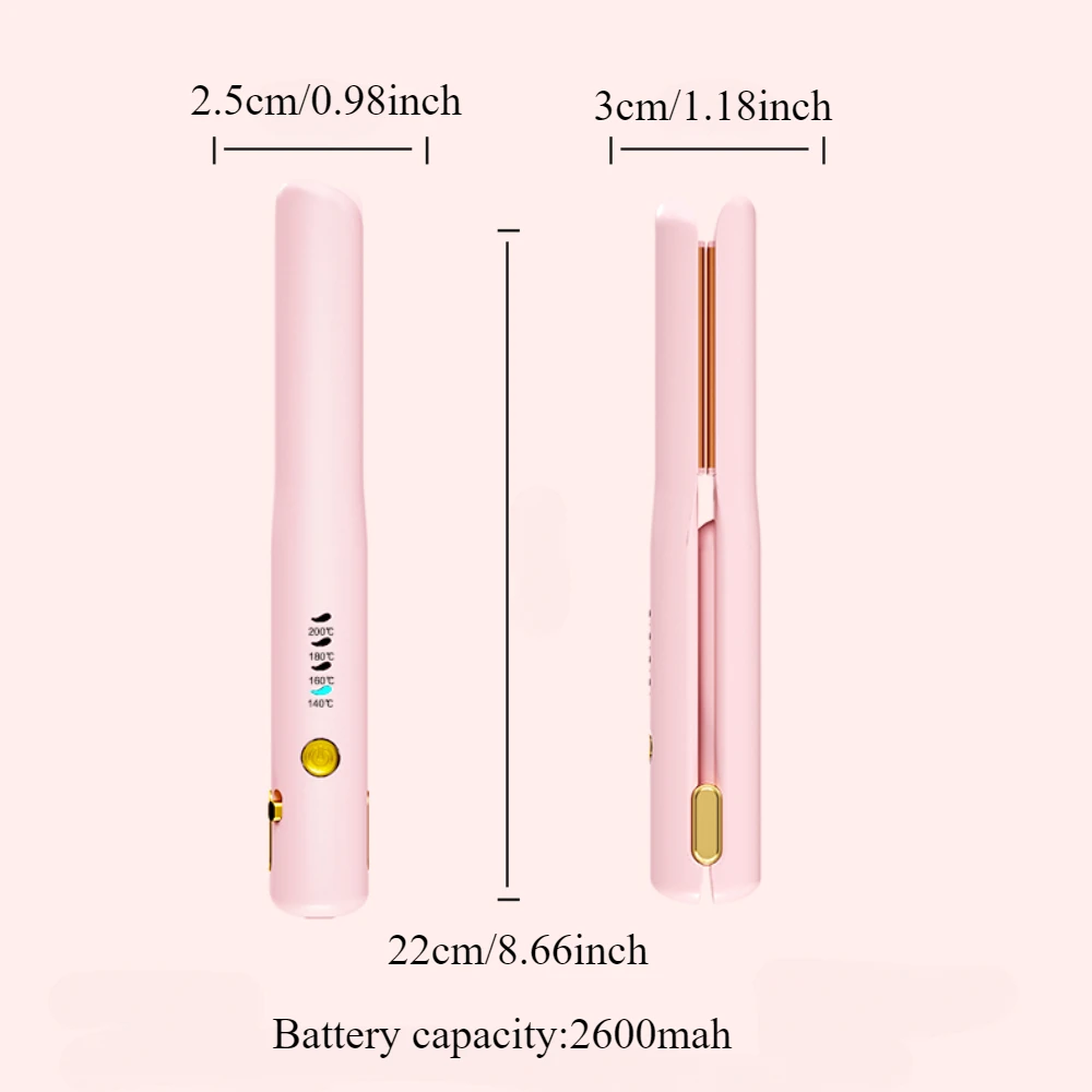 2‑in‑1 Cordless Hair Straightener Curler, Ceramic Coating Hot Comb, 2600mAh Type‑C USB Rechargeable Mini Portable Travel Party S
