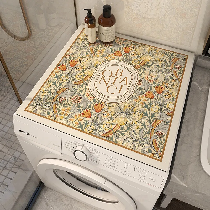 VIKAMA Vintage Daisy Floral Washing Machine Top Mat All Over Flower Gold Frame Text Waterproof Anti Dust Dryer Cabinet Pad Rug