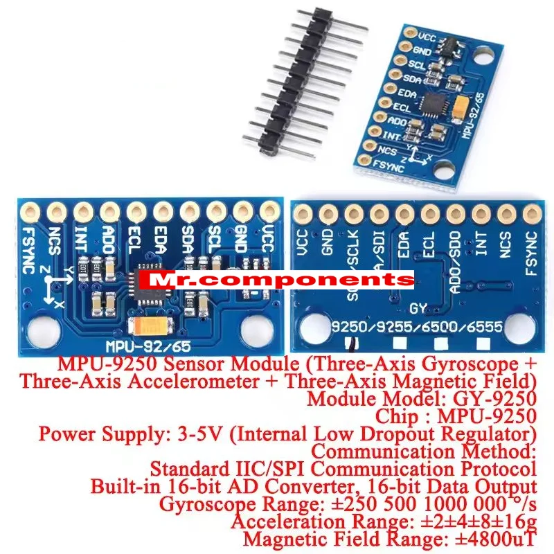 1Pcs GY-9250 MPU 9250 MPU-9250 299DOF 9-Axis Attitude +Gyro+Accelerator+Magnetometer Sensor Module MPU9250 SPI I2C Interface
