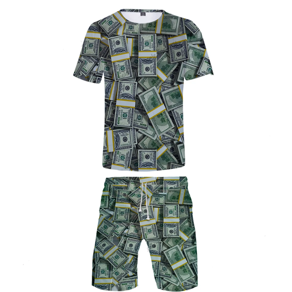 Men Sets Summer United States Dollar 3D Printed Shorts T-shirt Outfits Male Casual Hip Hop Creative Money Shorts 2Piece Suit