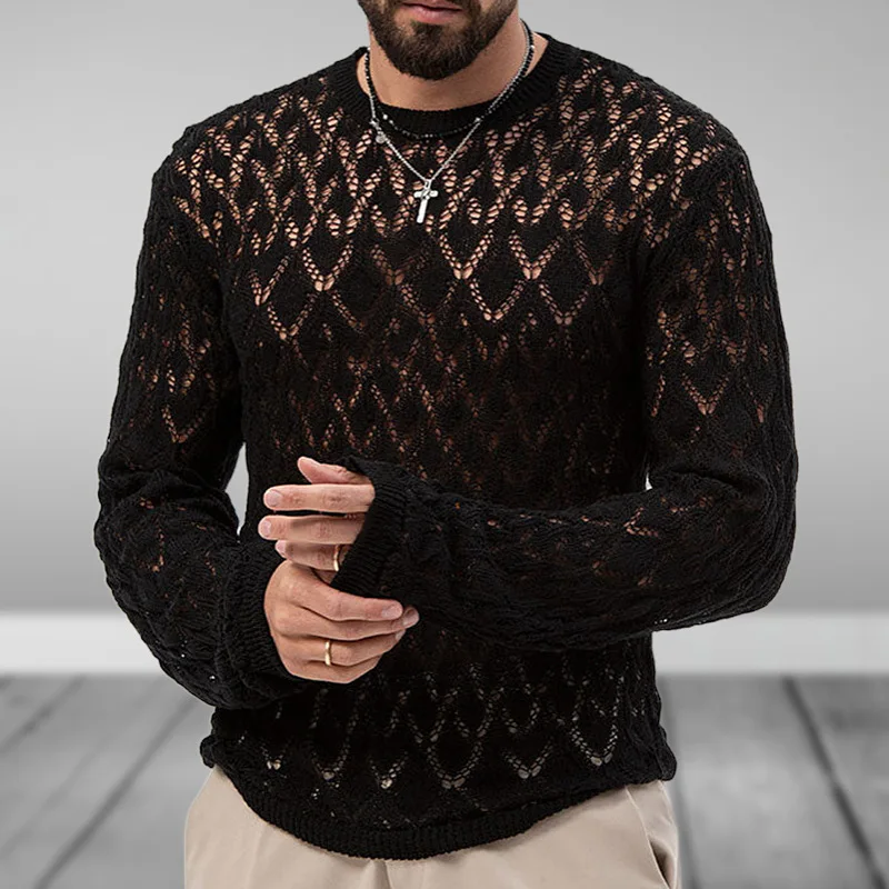 

Men's European and American style sexy hollow out knitted sweater for young men luxurious and fashionable base thin sweater