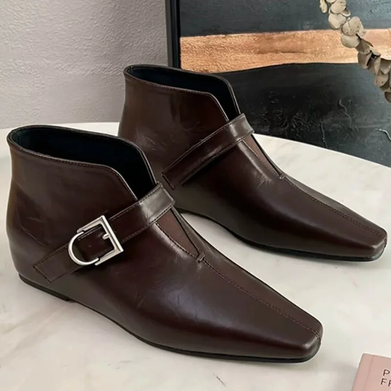

Metal Buckle Low Heel Single Shoes Fashion Square Toe Soft Leather Anti-Slip Wear-Resistant Booties