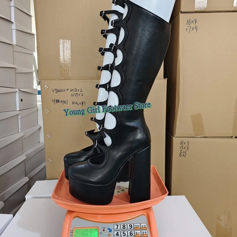 

Black Waterproof Platform Boots Round Head Chunky High Heels Instep Belt Buckle Hollowing Out Sandals Europe Halloween New